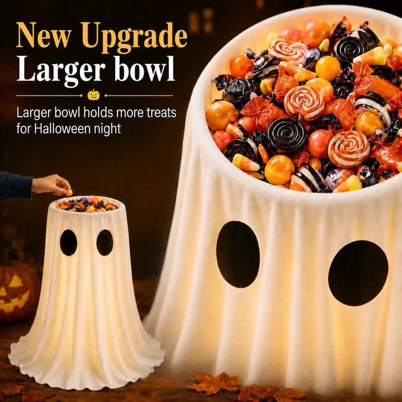 Halloween Glowing Ghost Candy Holder Bowl, Festive Decor with String Lights, Timer & Remote for Trick-or-Treating, Lawn Outdoor Indoor Use to Light Up Your Space