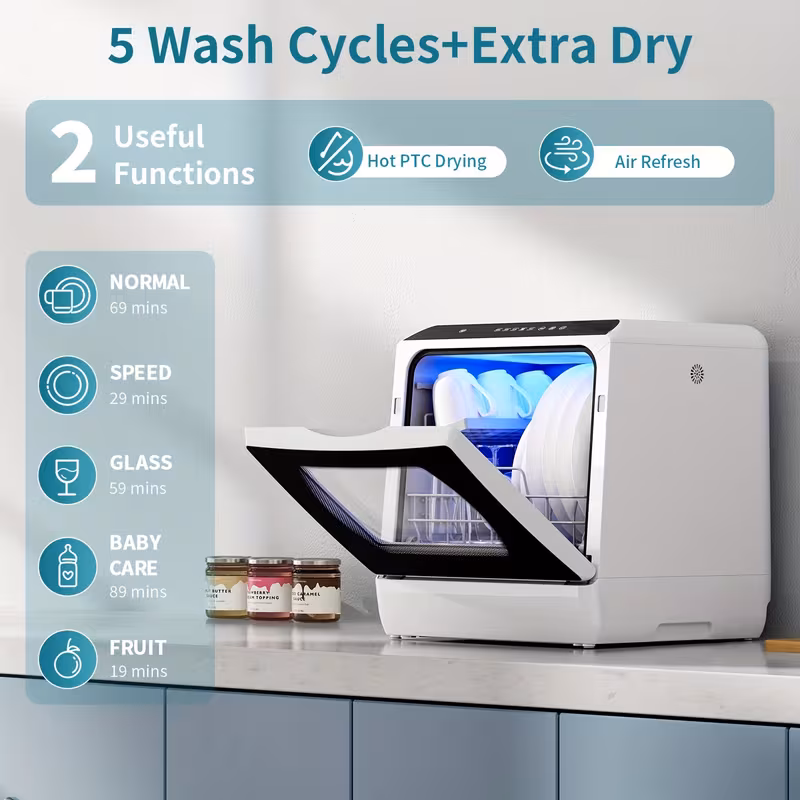 Compact Portable Dishwasher with 5L Built-In Tank