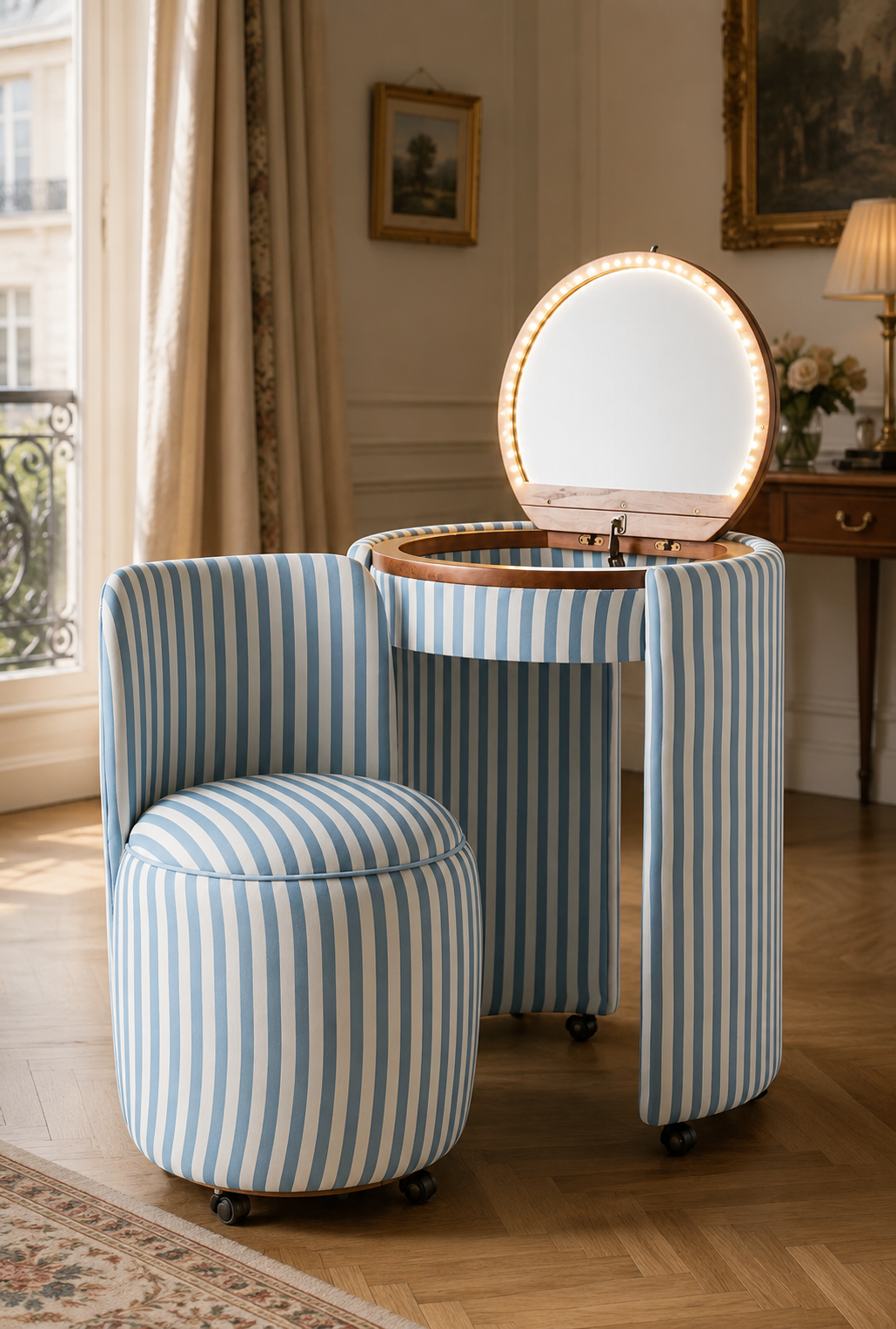 Qcncln Upholstered Vanity & Stool Set (Touch‑LED,Flip-Top Mirror)