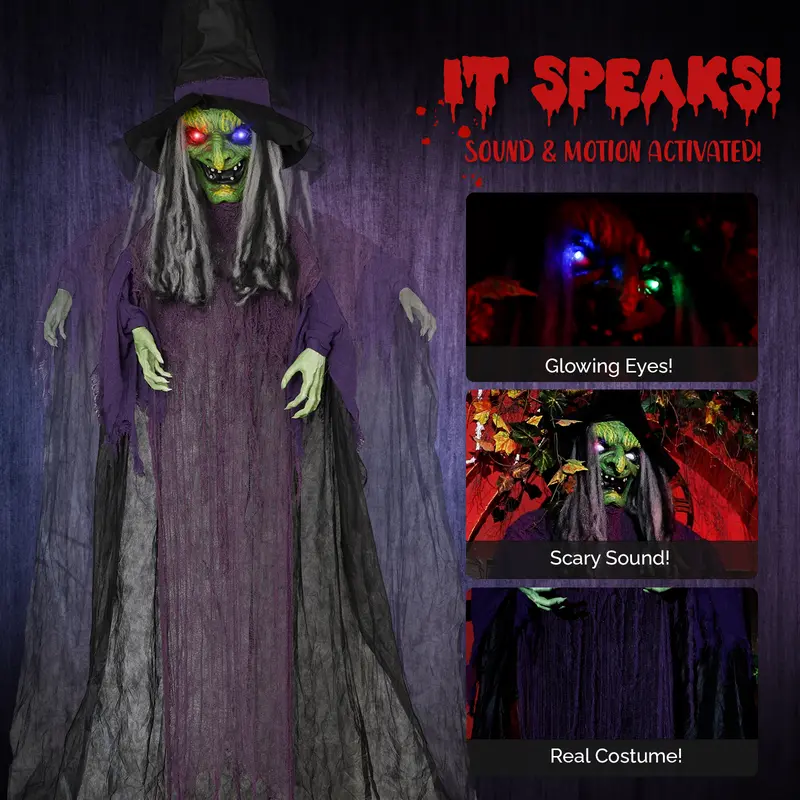 12ft Giant Hanging Witch Halloween Decor, Sound & Motion Activated Animatronic Witch with Glowing LED Eyes, Scary Talking Witch Prop for Yard Haunted House Party Decor, Battery Operated (Batteries Not Included)