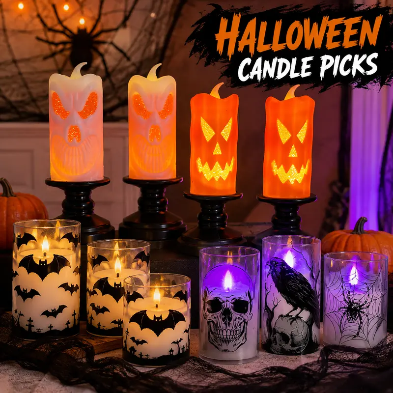 Halloween Flameless LED Decorative Candle Lights Spooky Pumpkin Bat Skull Designs for Tabletop Indoor Party Haunted House and Holiday Home Decor