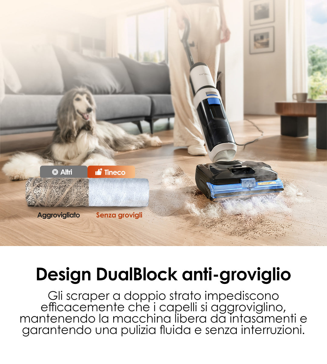 A person using a vacuum cleaner on a wooden floor, with a dog nearby and a modern living room setting.