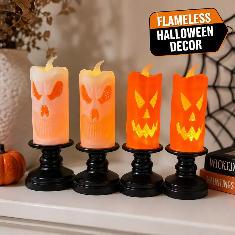 Halloween Flameless LED Decorative Candle Lights Spooky Pumpkin Bat Skull Designs for Tabletop Indoor Party Haunted House and Holiday Home Decor