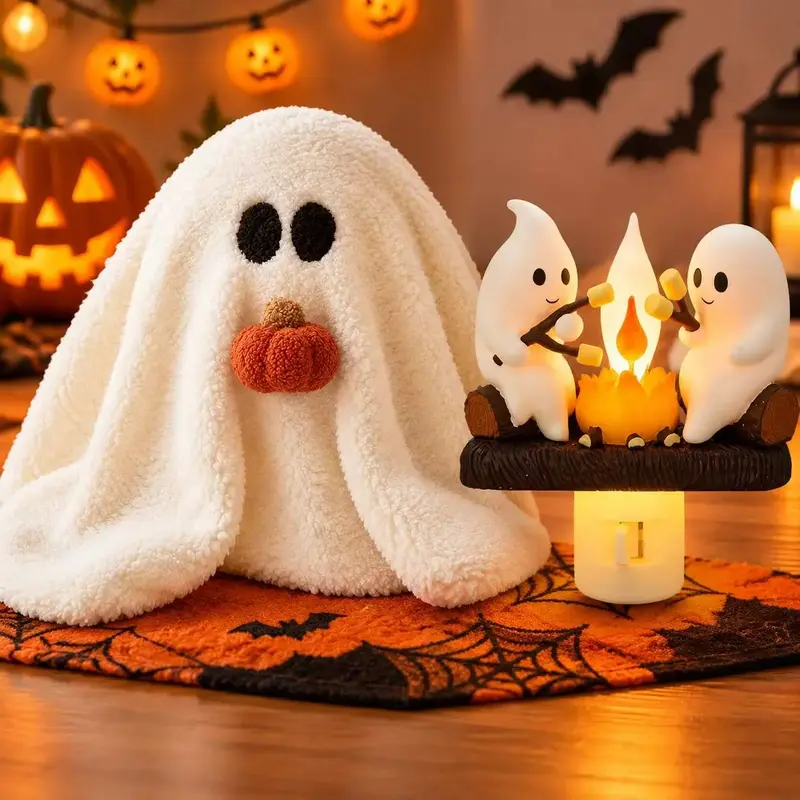 Ghost Campfire Night Light，2026 Ghost Campfire Flickering Nightlight, 3D LED Small Faux Campfire Night Light, Funny Halloween Nightlight Indoor Decorations, Spooky Halloween Decor, Halloween Party Decorations, Halloween Gift