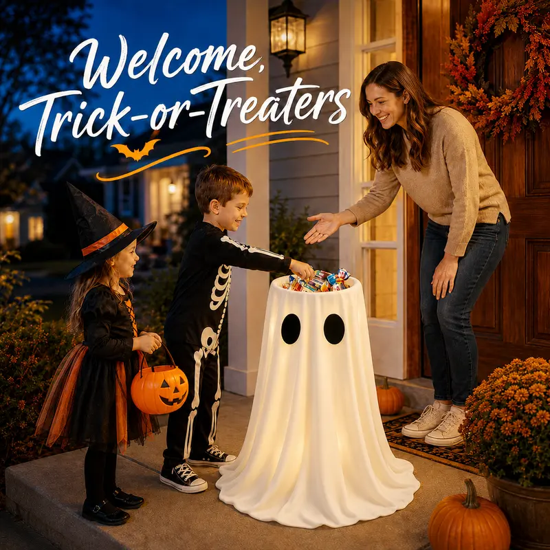 Halloween Glowing Ghost Candy Holder Bowl, Festive Decor with String Lights, Timer & Remote for Trick-or-Treating, Lawn Outdoor Indoor Use to Light Up Your Space