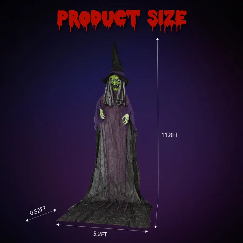 12ft Giant Hanging Witch Halloween Decor, Sound & Motion Activated Animatronic Witch with Glowing LED Eyes, Scary Talking Witch Prop for Yard Haunted House Party Decor, Battery Operated (Batteries Not Included)