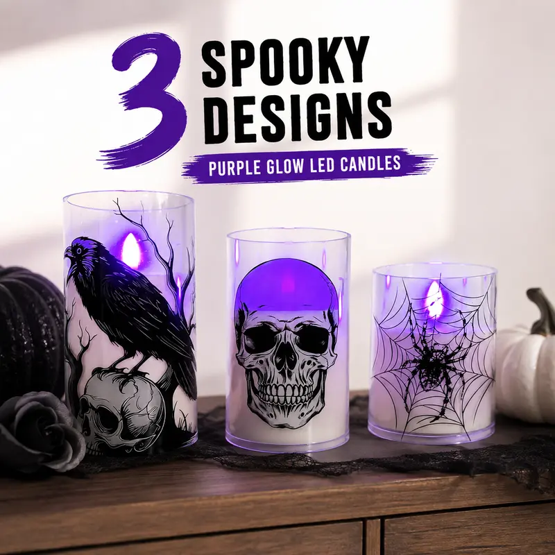 Halloween Flameless LED Decorative Candle Lights Spooky Pumpkin Bat Skull Designs for Tabletop Indoor Party Haunted House and Holiday Home Decor