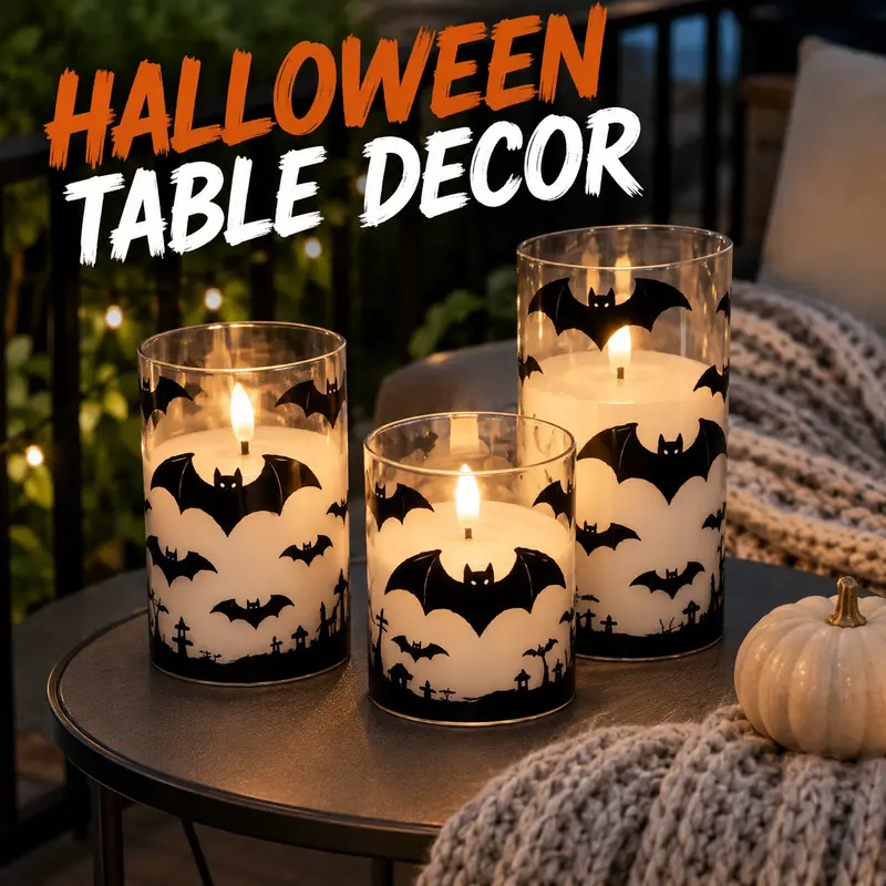 Halloween Flameless LED Decorative Candle Lights Spooky Pumpkin Bat Skull Designs for Tabletop Indoor Party Haunted House and Holiday Home Decor