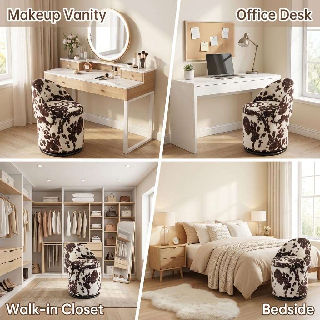 Qcncln Cow Print Swivel Vanity Stool with Storage & Foldable Backrest