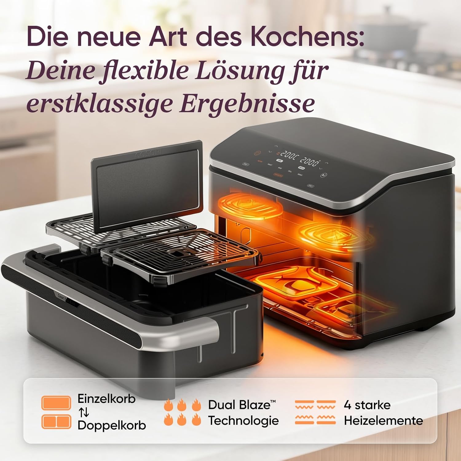 Heißluftfritteuse 2 Kammern, Dual Blaze TwinFry 10L Airfryer, mit 4 Heizrohren und flexiblen Kammern, gleichmäßige Hitzeverteilung, Temperatur bis 240 Grad C, Schwarz, TF102S