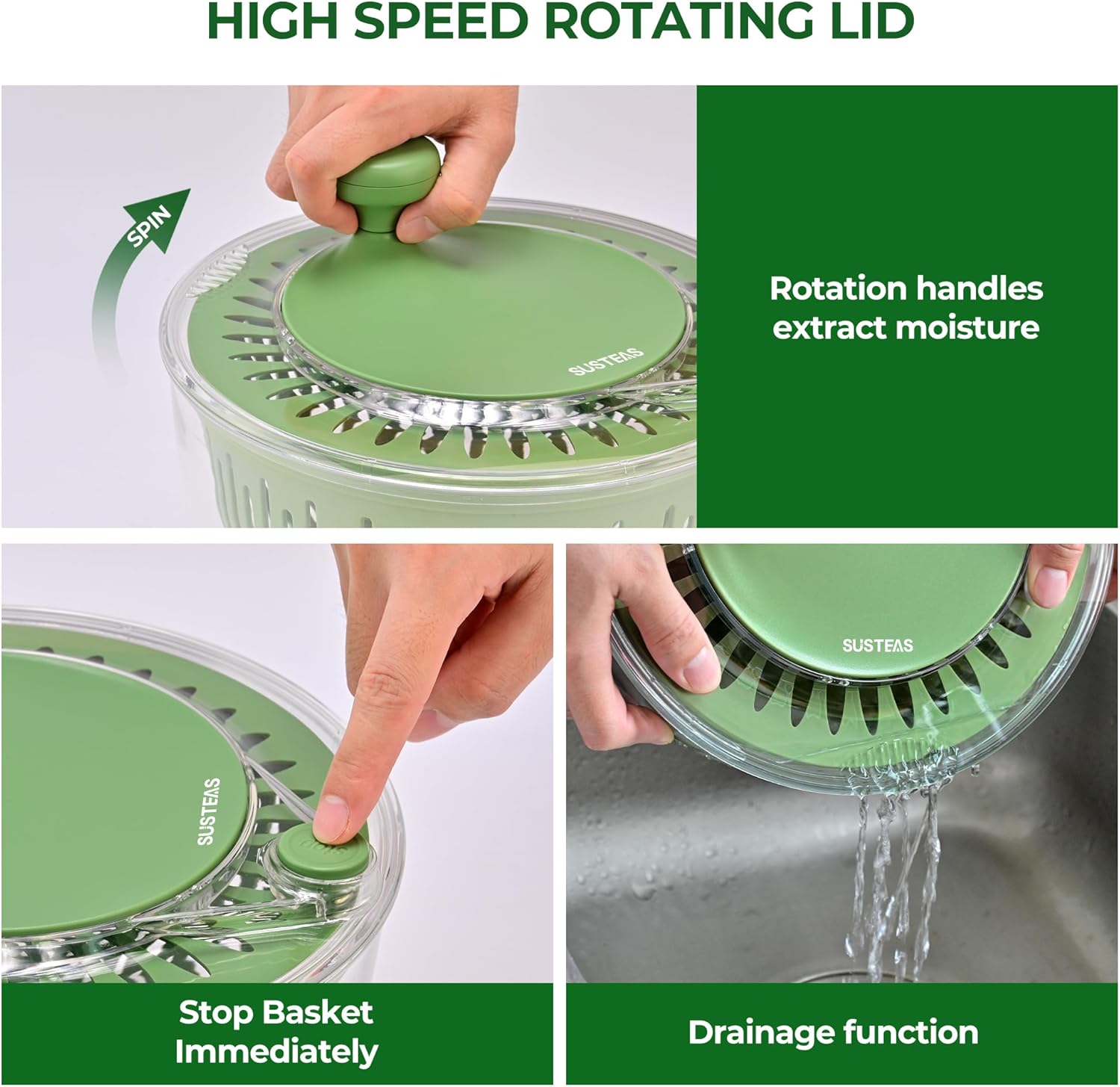 SUSTEAS Salad Spinner Large, Vegetables Wash Bowl, Fruits & Herb Lettuce Dryer with 5 Blade Slicer Egg Yolk Strainer Shredder for Efficient Salad Preparation and Food Washing,