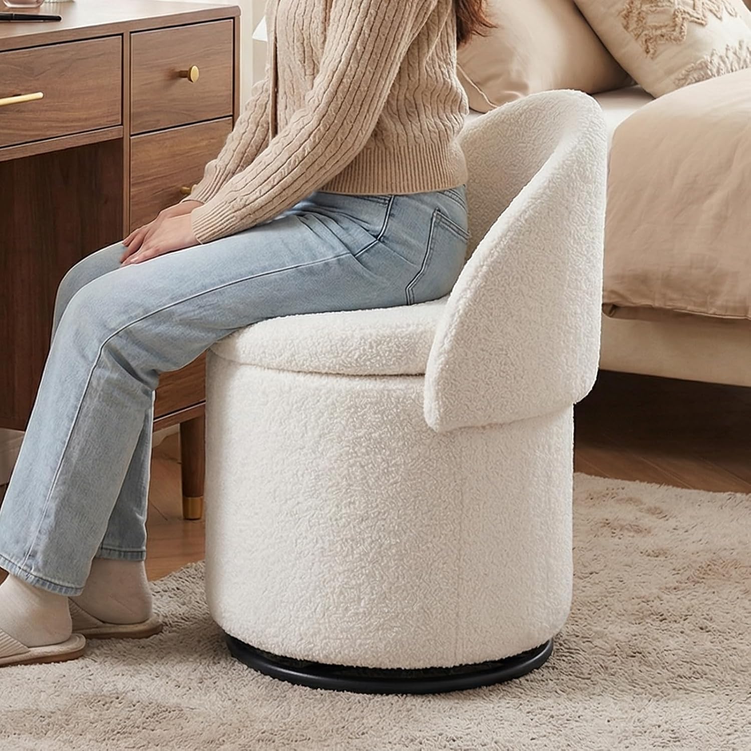 Qcncln Cow Print Swivel Vanity Stool with Storage & Foldable Backrest