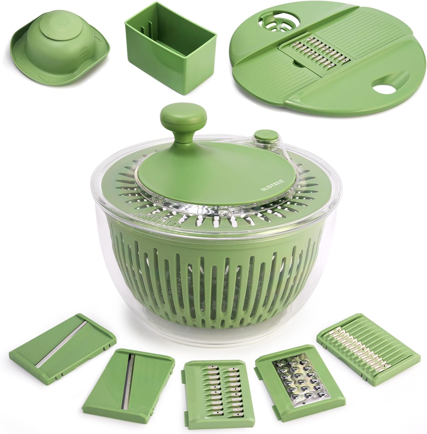 SUSTEAS Salad Spinner Large, Vegetables Wash Bowl, Fruits & Herb Lettuce Dryer with 5 Blade Slicer Egg Yolk Strainer Shredder for Efficient Salad Preparation and Food Washing,