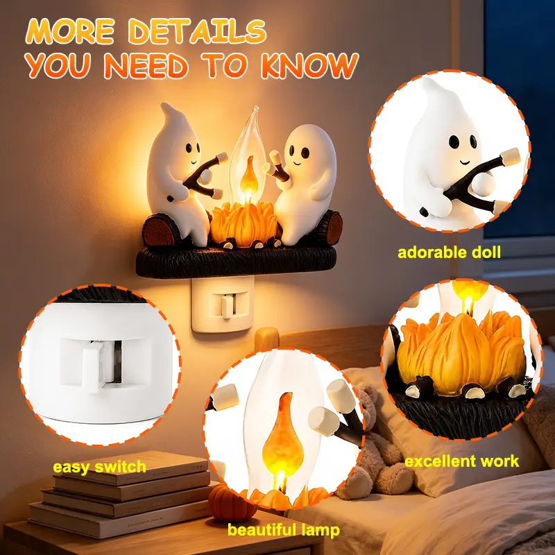 Ghost Campfire Night Light，2026 Ghost Campfire Flickering Nightlight, 3D LED Small Faux Campfire Night Light, Funny Halloween Nightlight Indoor Decorations, Spooky Halloween Decor, Halloween Party Decorations, Halloween Gift