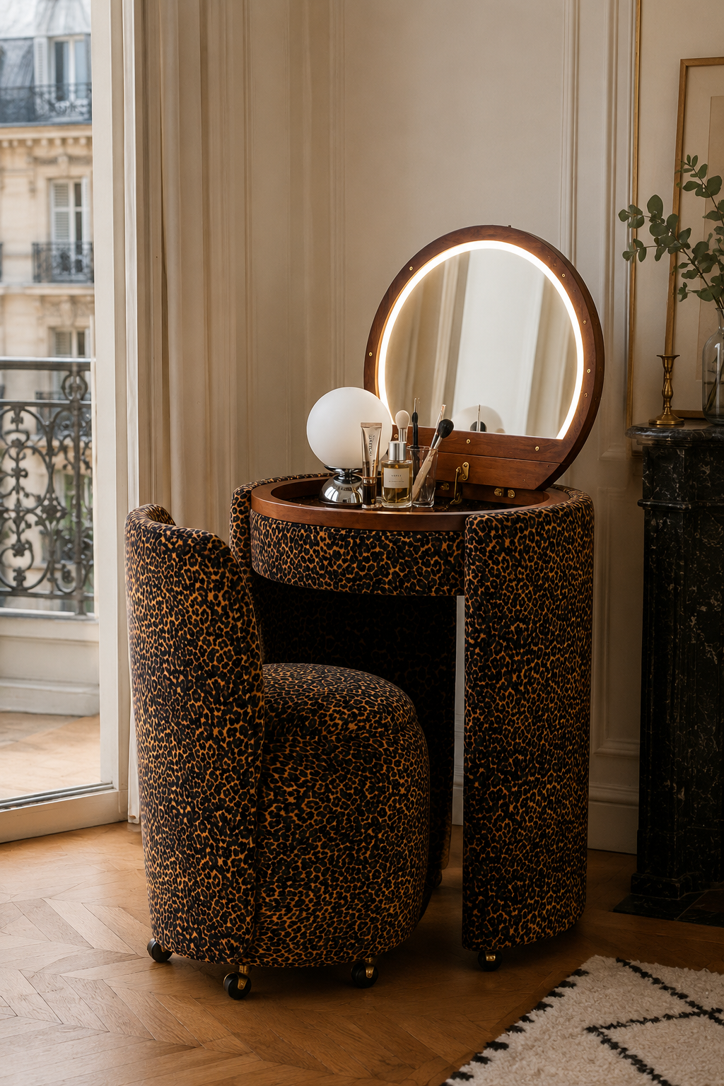 Qcncln Upholstered Vanity & Stool Set (Touch‑LED,Flip-Top Mirror)