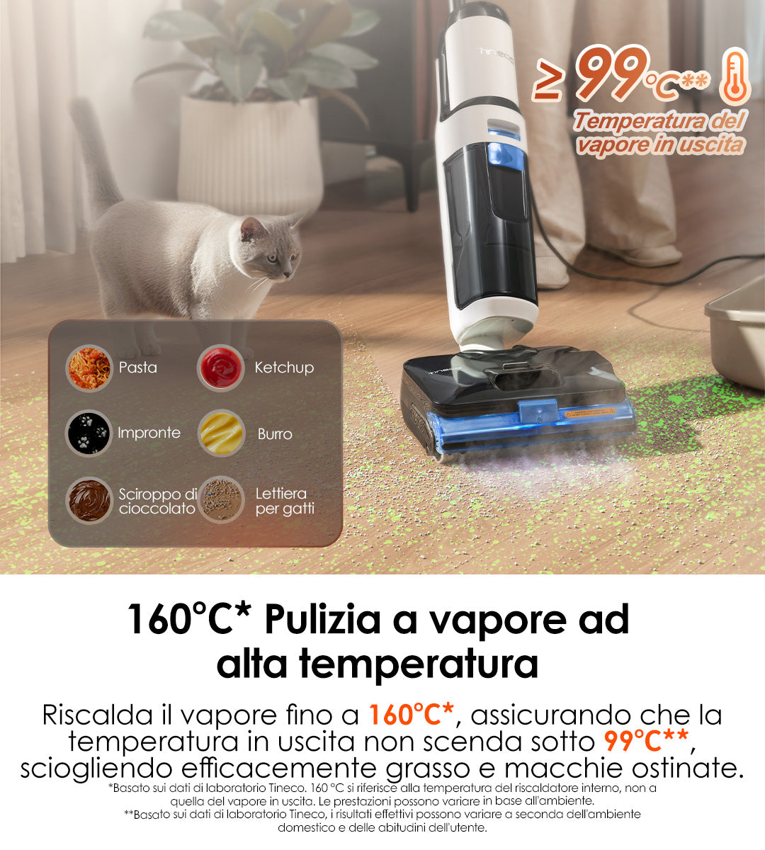 A steam cleaner is shown in action on a wooden floor, with a cat nearby and various food stains illustrated.