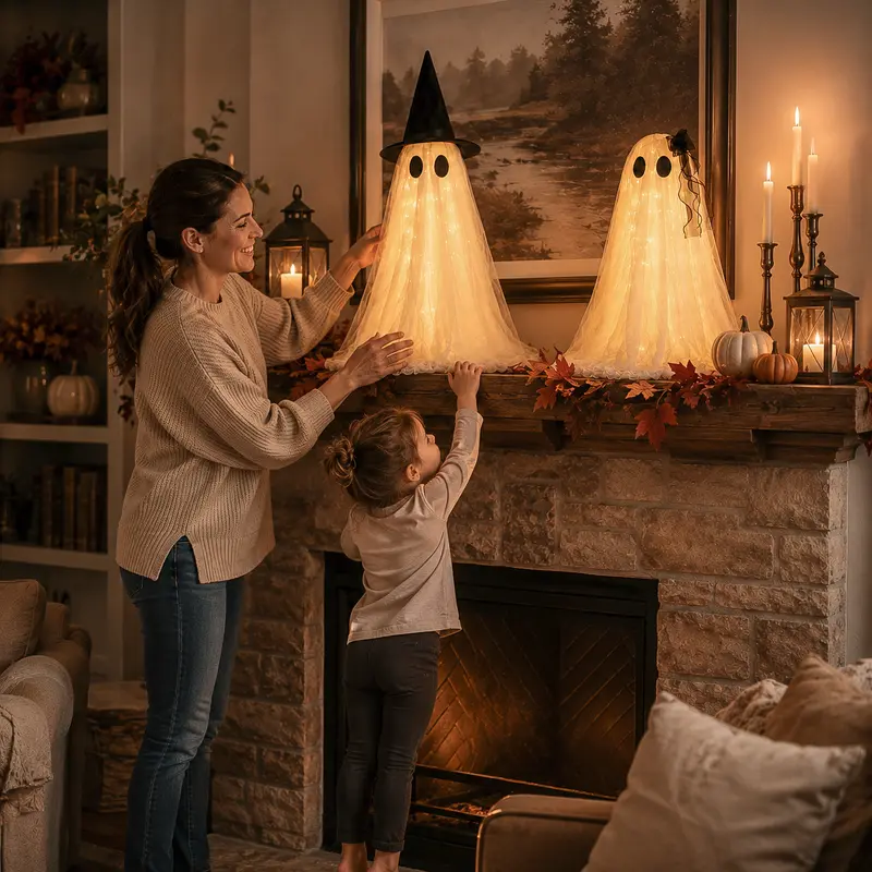 2-Pack Spooky Halloween Indoor Ghost Decor Kit - Home Supplies with Upgraded Fabric, Timer Remote Control, Ideal for Indoor Table, Cabinet, Fireplace