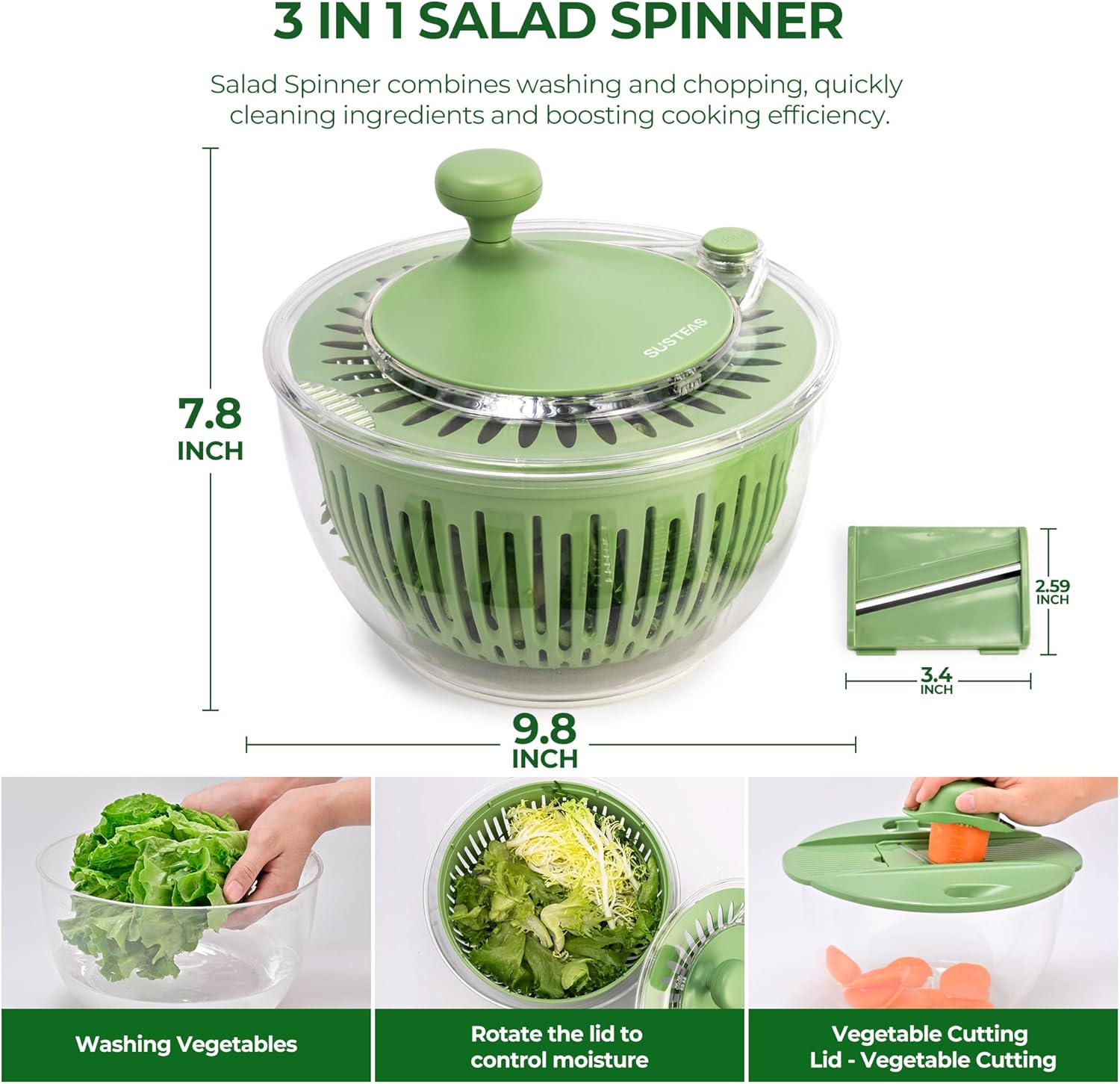 SUSTEAS Salad Spinner Large, Vegetables Wash Bowl, Fruits & Herb Lettuce Dryer with 5 Blade Slicer Egg Yolk Strainer Shredder for Efficient Salad Preparation and Food Washing,