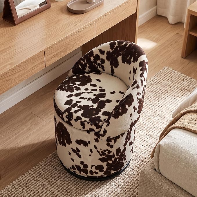 Qcncln Cow Print Swivel Vanity Stool with Storage & Foldable Backrest