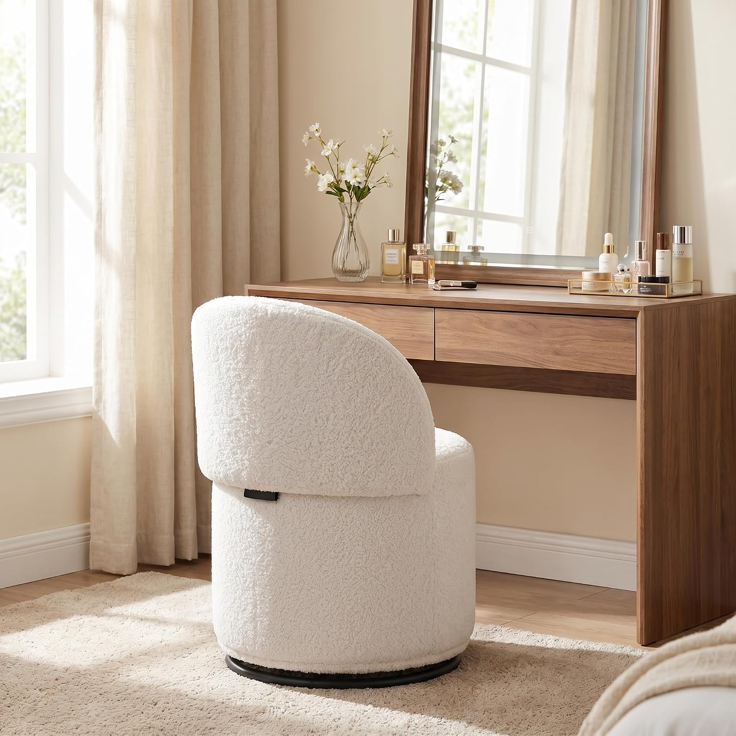 Qcncln Cow Print Swivel Vanity Stool with Storage & Foldable Backrest