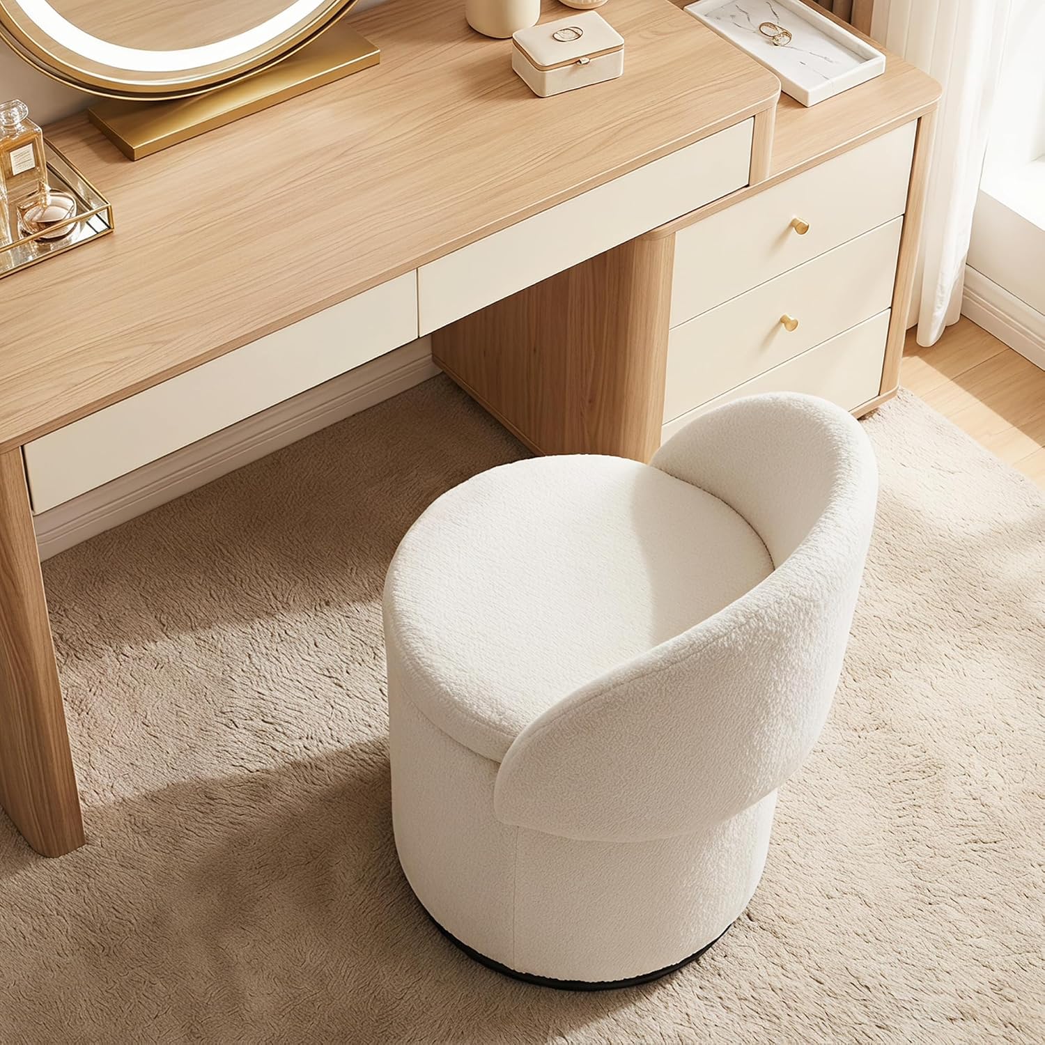Qcncln Cow Print Swivel Vanity Stool with Storage & Foldable Backrest