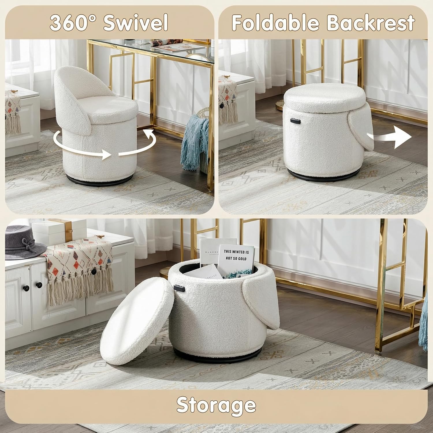 Qcncln Cow Print Swivel Vanity Stool with Storage & Foldable Backrest