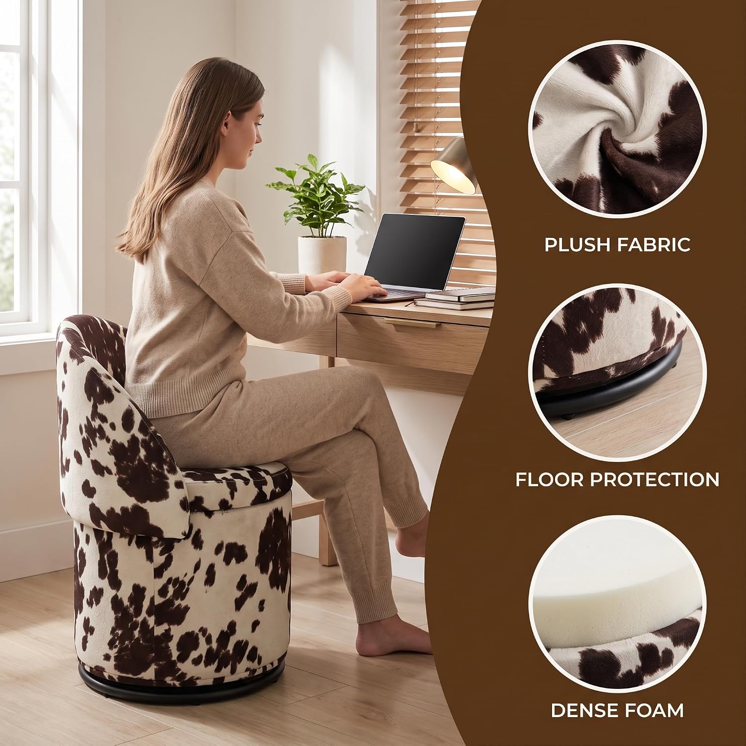 Qcncln Cow Print Swivel Vanity Stool with Storage & Foldable Backrest