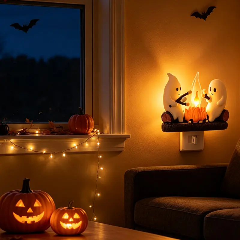 Ghost Campfire Night Light，2026 Ghost Campfire Flickering Nightlight, 3D LED Small Faux Campfire Night Light, Funny Halloween Nightlight Indoor Decorations, Spooky Halloween Decor, Halloween Party Decorations, Halloween Gift