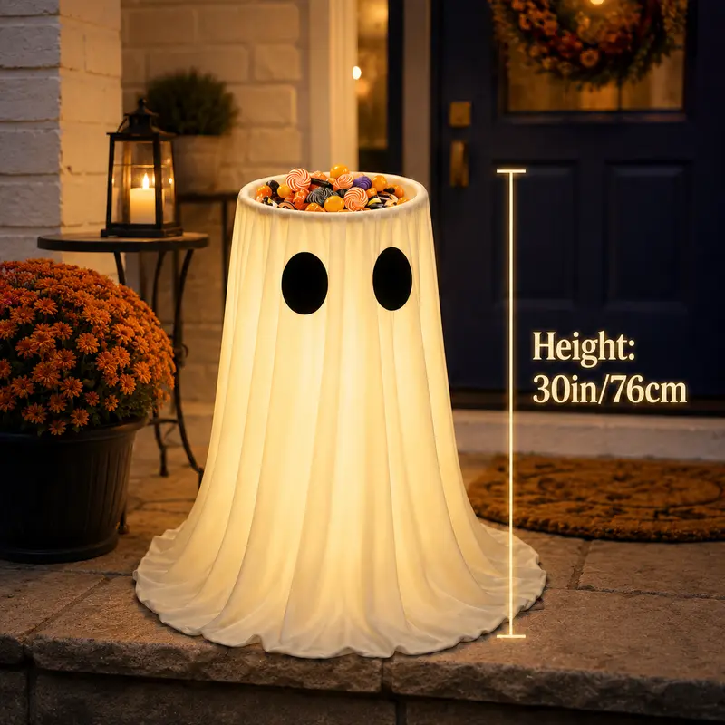 Halloween Glowing Ghost Candy Holder Bowl, Festive Decor with String Lights, Timer & Remote for Trick-or-Treating, Lawn Outdoor Indoor Use to Light Up Your Space