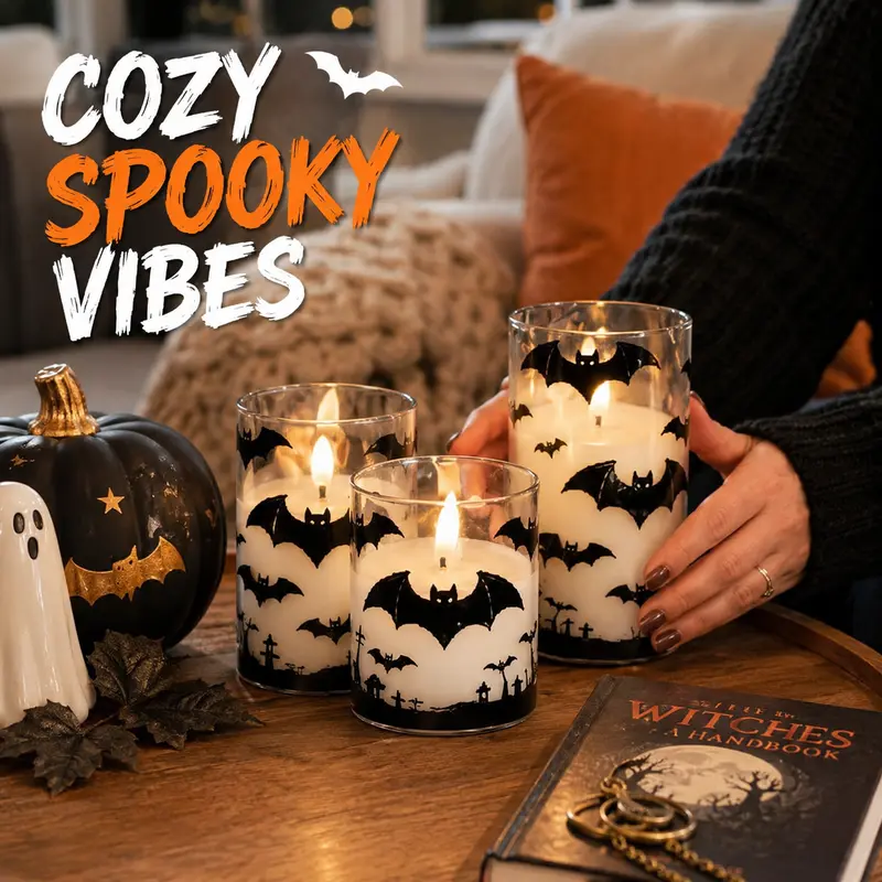 Halloween Flameless LED Decorative Candle Lights Spooky Pumpkin Bat Skull Designs for Tabletop Indoor Party Haunted House and Holiday Home Decor
