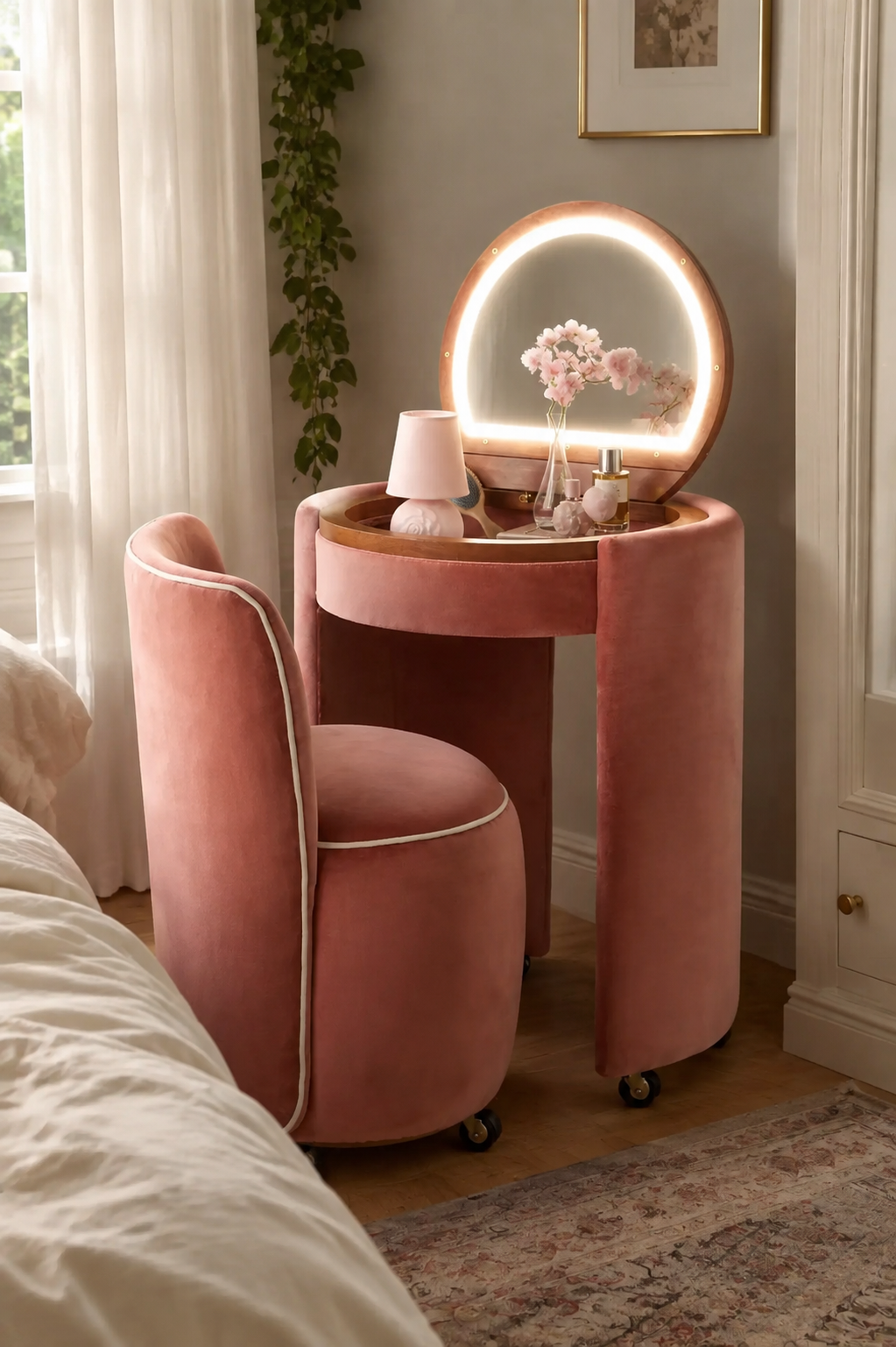 Qcncln Upholstered Vanity & Stool Set (Touch‑LED,Flip-Top Mirror)