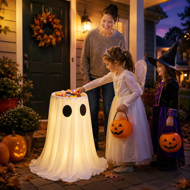 Halloween Glowing Ghost Candy Holder Bowl, Festive Decor with String Lights, Timer & Remote for Trick-or-Treating, Lawn Outdoor Indoor Use to Light Up Your Space