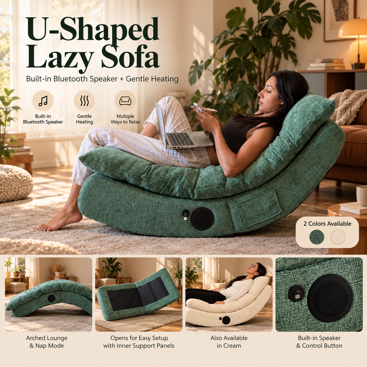 CozyArc U-Shaped Lounge Chair with Bluetooth Speaker & Gentle Heating