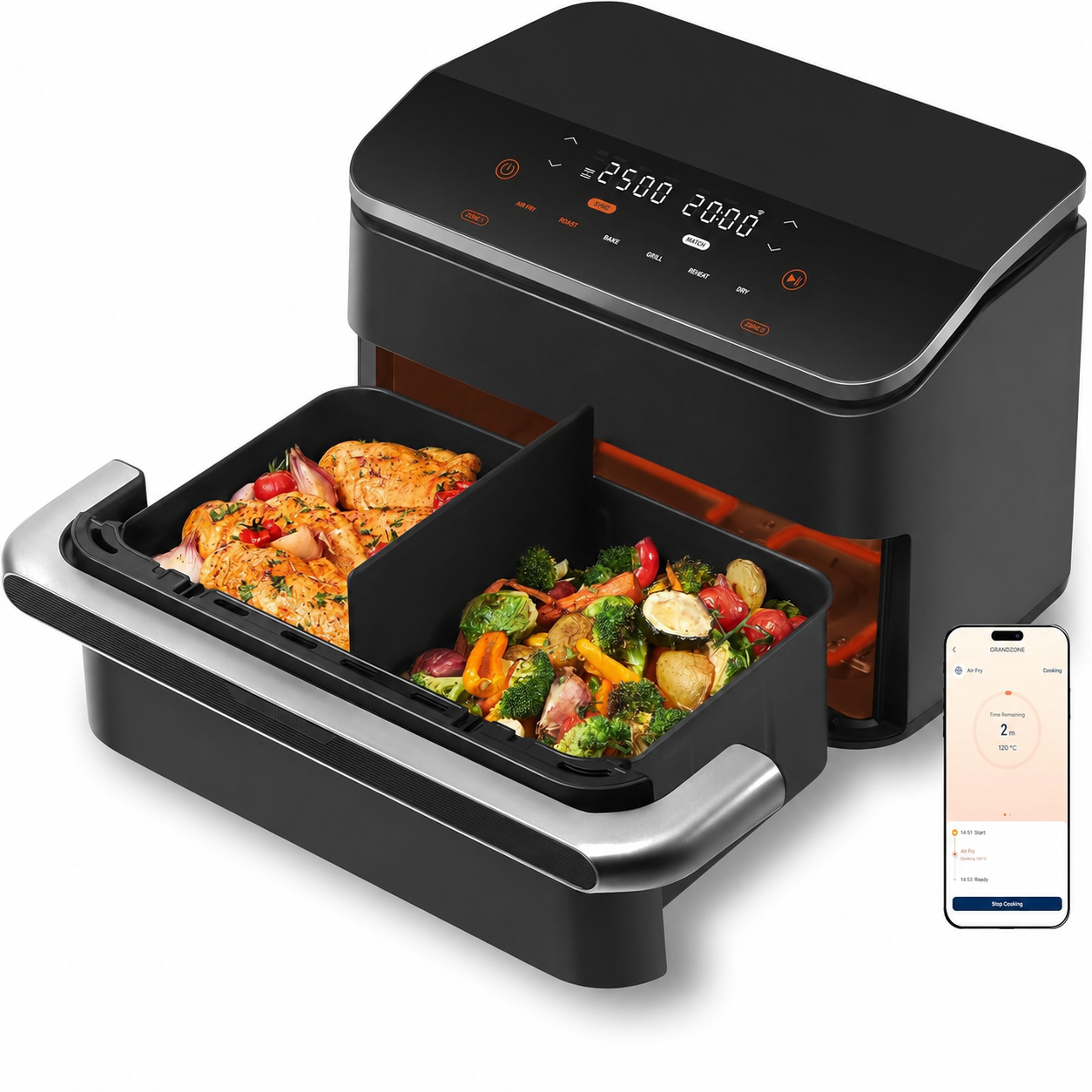 Heißluftfritteuse 2 Kammern, Dual Blaze TwinFry 10L Airfryer, mit 4 Heizrohren und flexiblen Kammern, gleichmäßige Hitzeverteilung, Temperatur bis 240 Grad C, Schwarz, TF102S