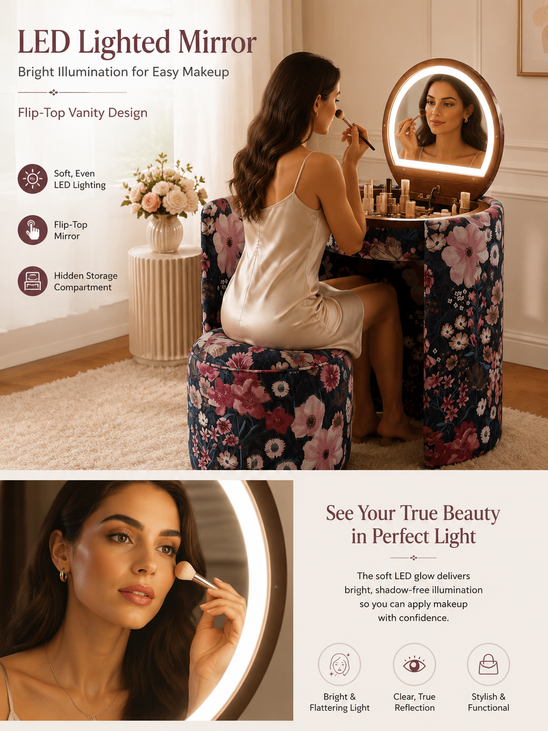 Qcncln Upholstered Vanity & Stool Set
