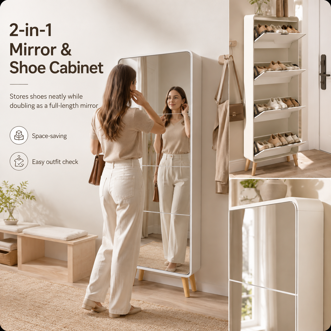 Facilehome Slim Mirrored Shoe Cabinet with Full-Length Mirror, 5 Flip Drawers, Storage Organizer, White