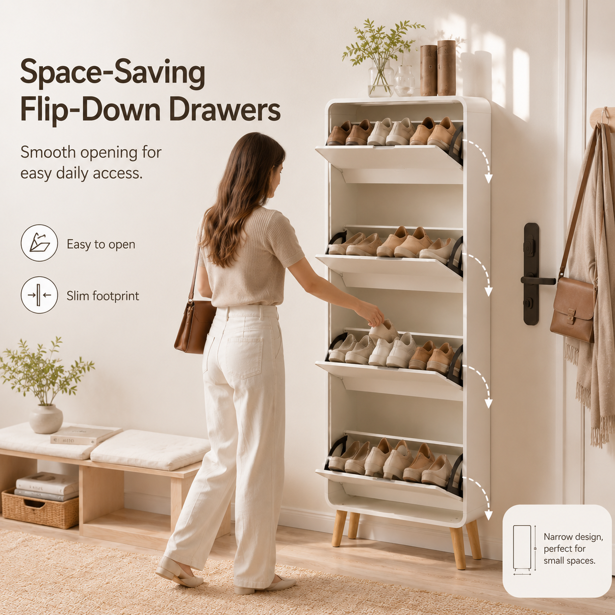 Facilehome Slim Mirrored Shoe Cabinet with Full-Length Mirror, 5 Flip Drawers, Storage Organizer, White