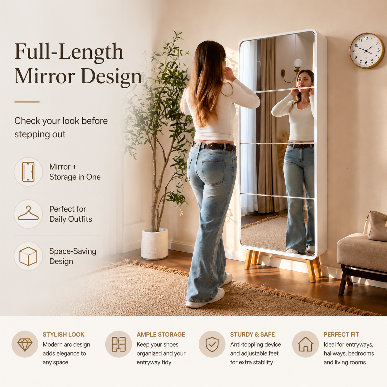 Facilehome Slim Mirrored Shoe Cabinet with Full-Length Mirror, 5 Flip Drawers, Storage Organizer, White