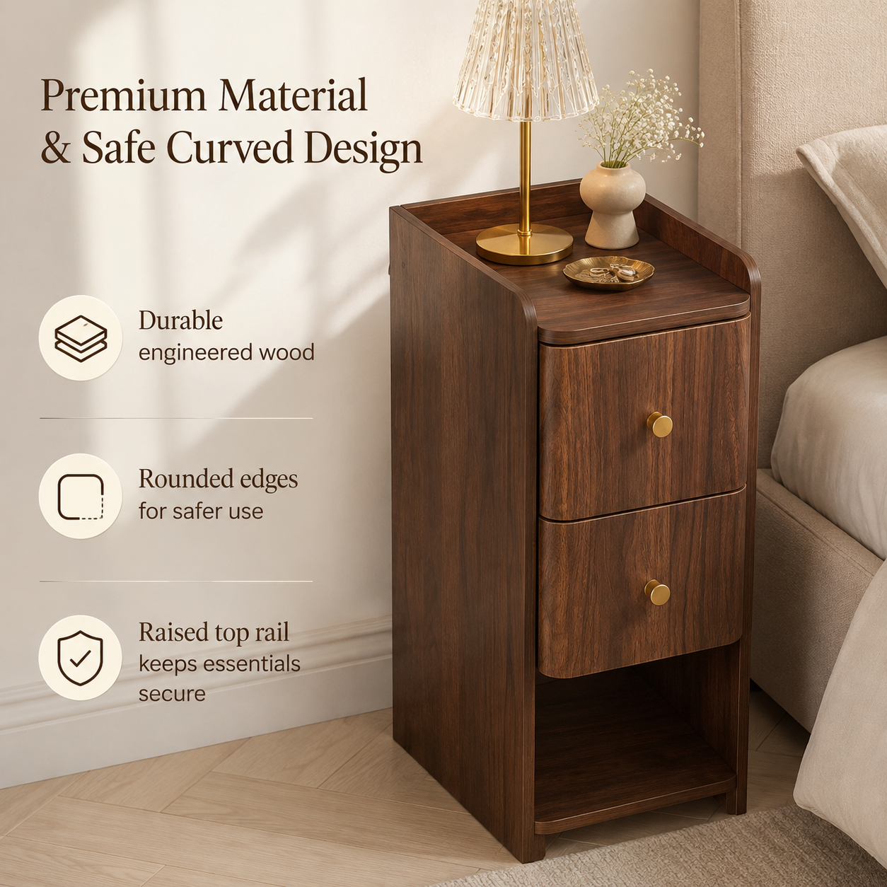 Narrow Nightstand with 2 Drawers