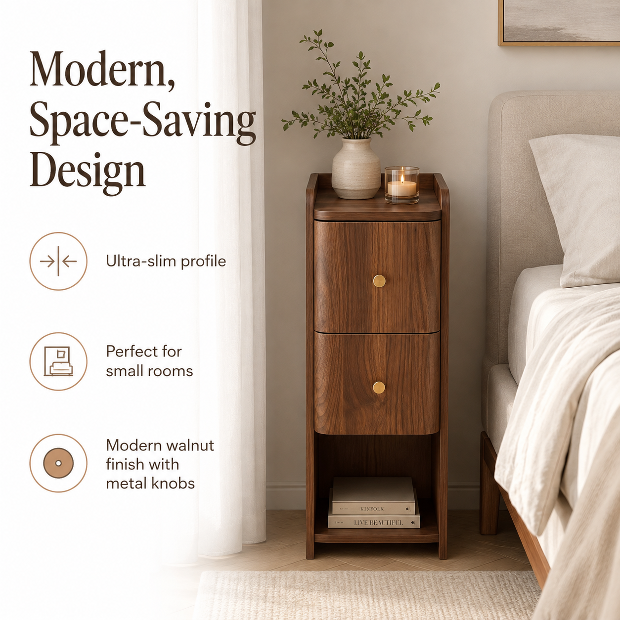 Narrow Nightstand with 2 Drawers