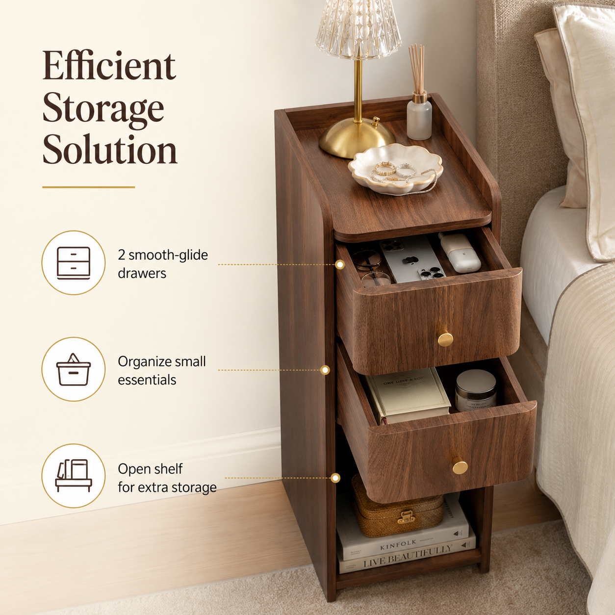 Narrow Nightstand with 2 Drawers