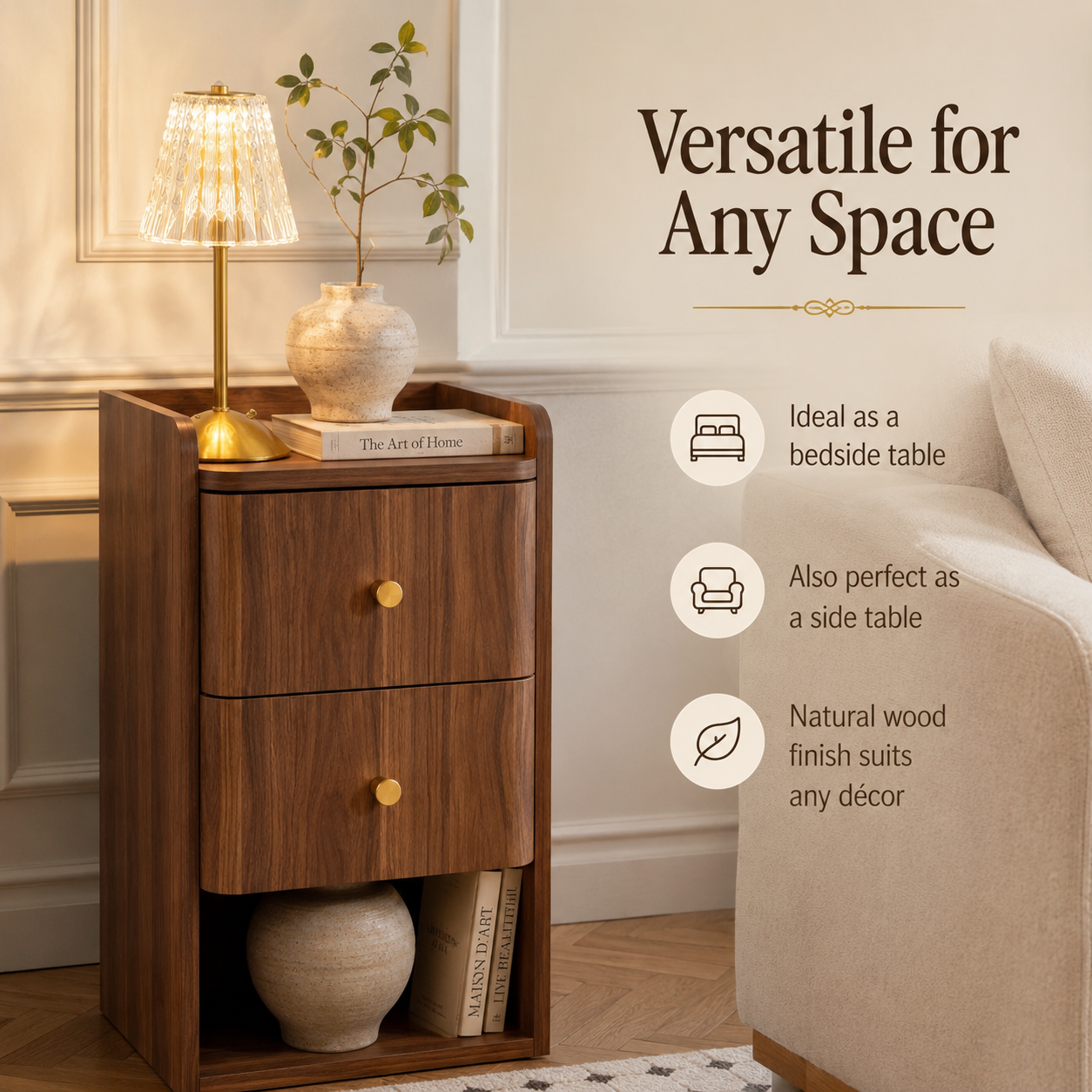 Narrow Nightstand with 2 Drawers