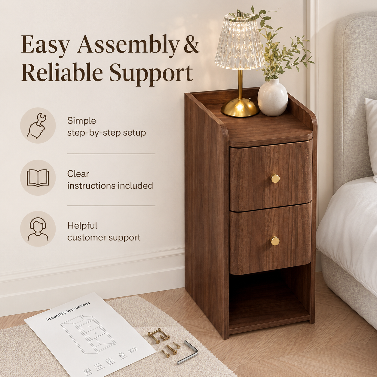 Narrow Nightstand with 2 Drawers