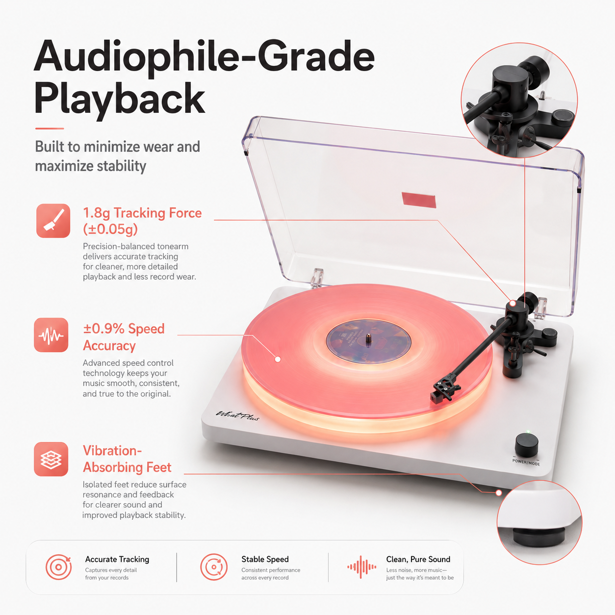 Vinyl Record Player with Bluetooth, Speakers and LED Lighting
