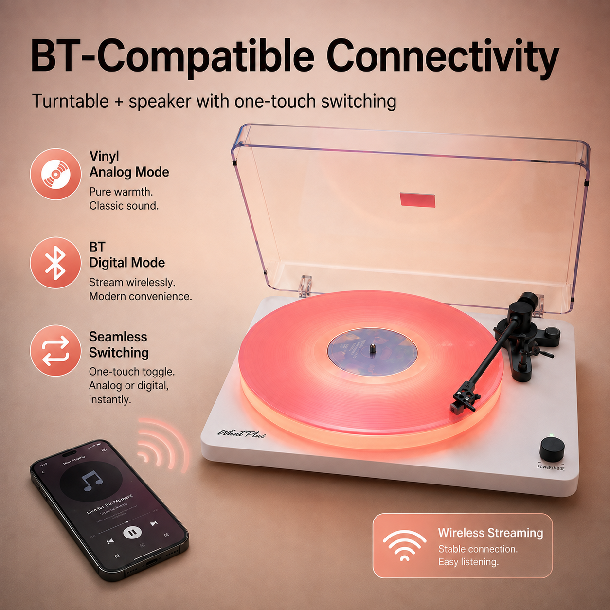 Vinyl Record Player with Bluetooth, Speakers and LED Lighting