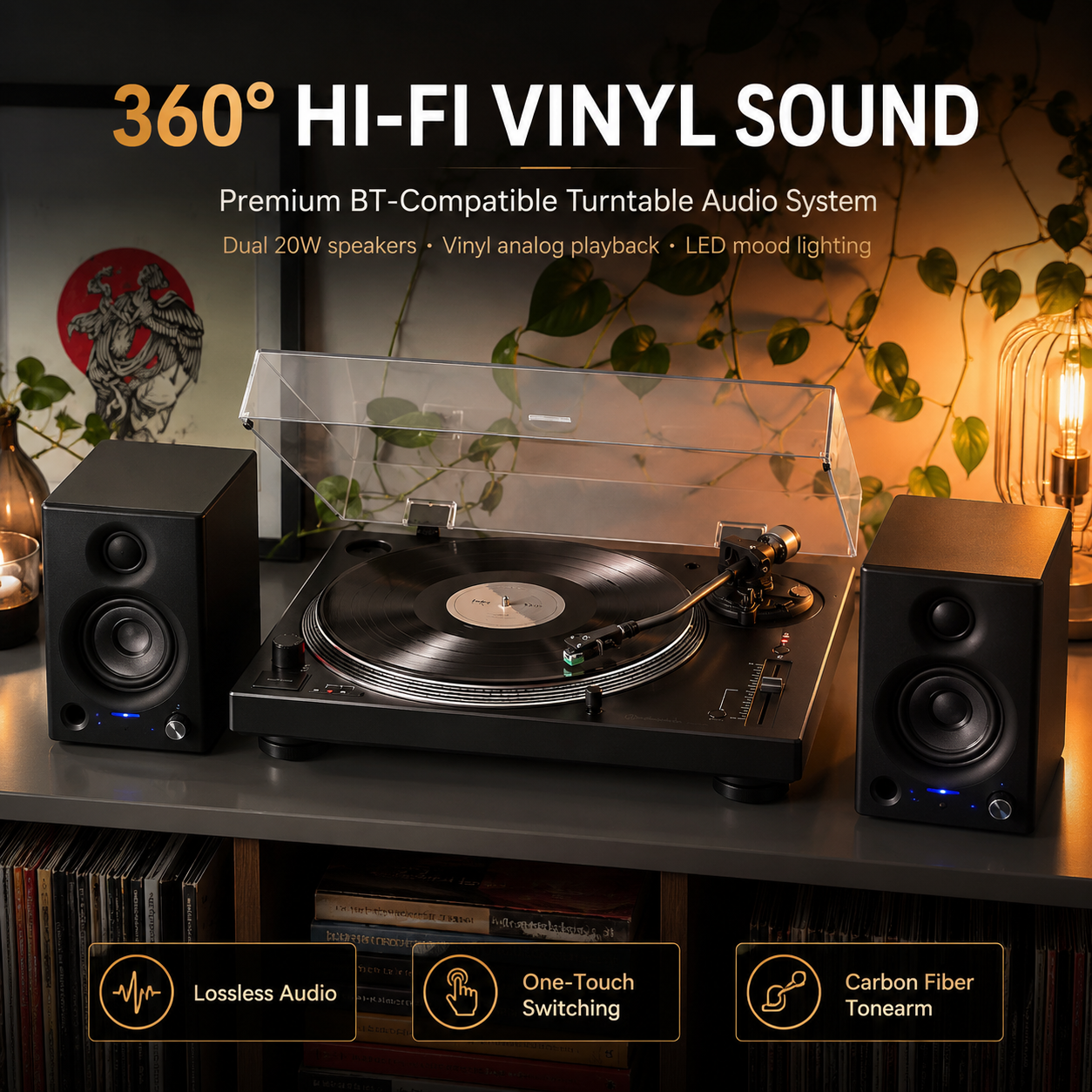 Vinyl Record Player with Bluetooth, Speakers and LED Lighting