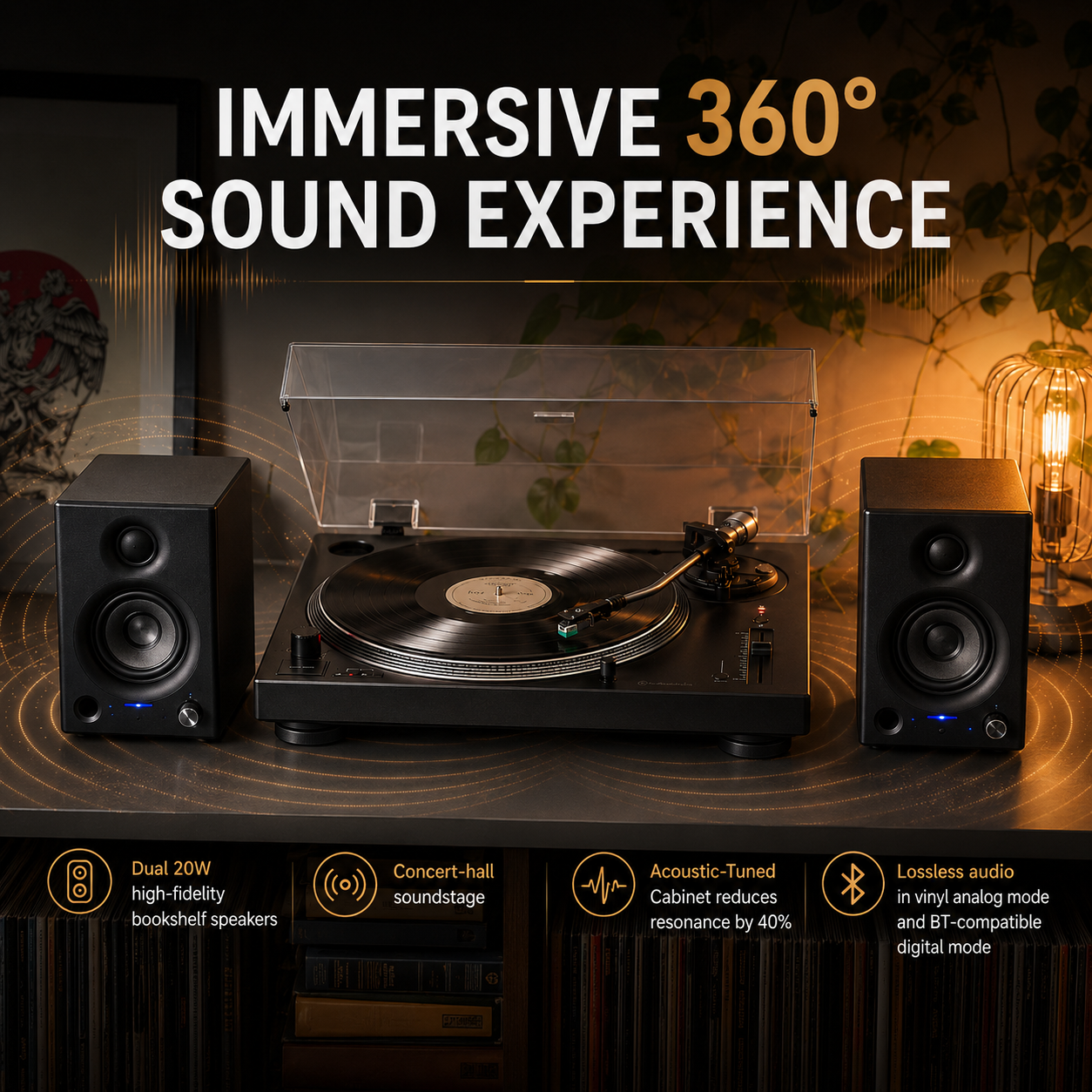 Vinyl Record Player with Bluetooth, Speakers and LED Lighting