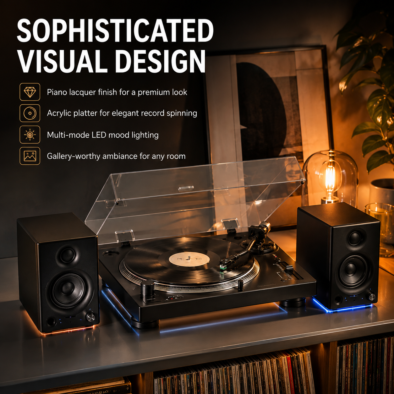 Vinyl Record Player with Bluetooth, Speakers and LED Lighting