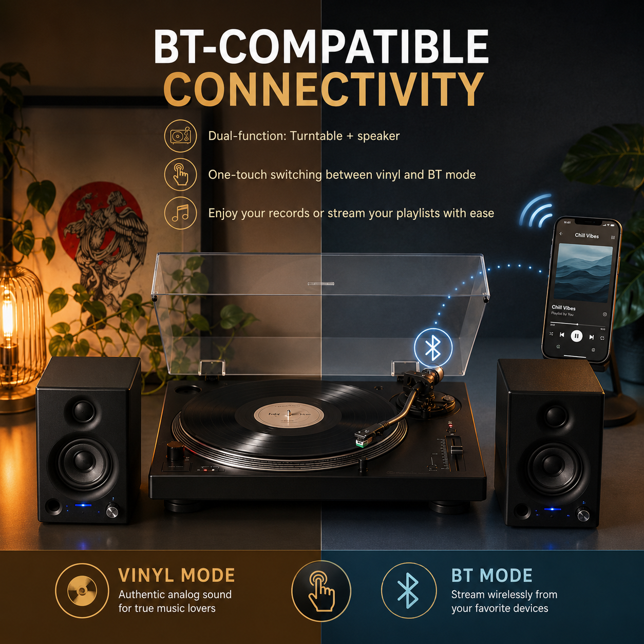 Vinyl Record Player with Bluetooth, Speakers and LED Lighting
