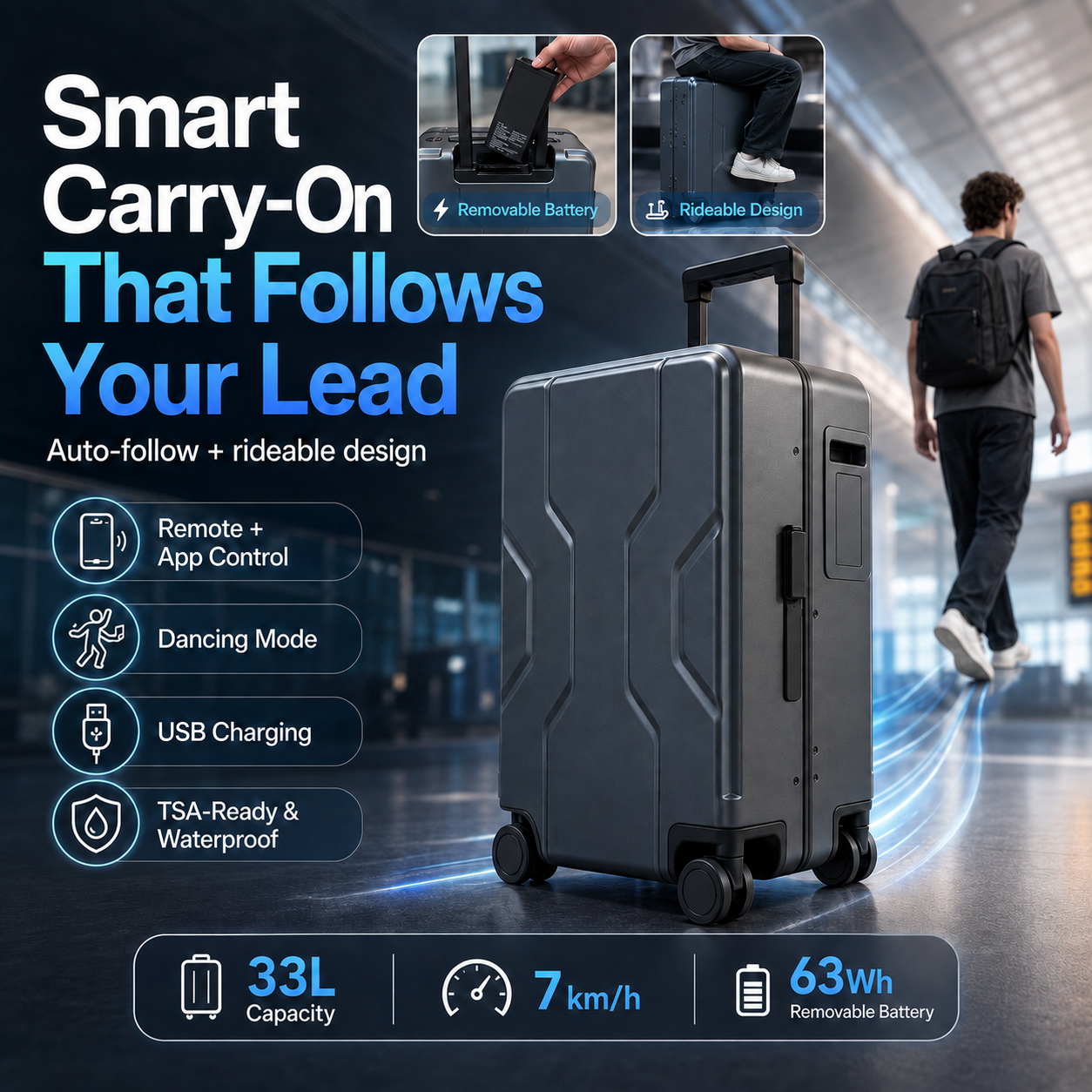 Auto-Follow Smart Suitcase – 33L with Remote & App | Space Suitcases